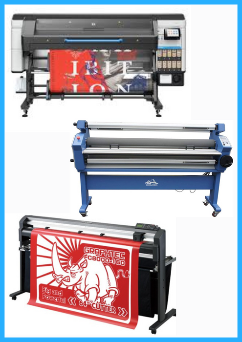 COMPLETE SOLUTION - HP Latex 830W 64" Wide Format Printer - New + 64" Graphtec FC8000-160 Vinyl Cutting Plotter - Refurbished (1 Year Warranty) + 55" Full-Auto Wide Format Cold Laminator with Heat Assisted - New