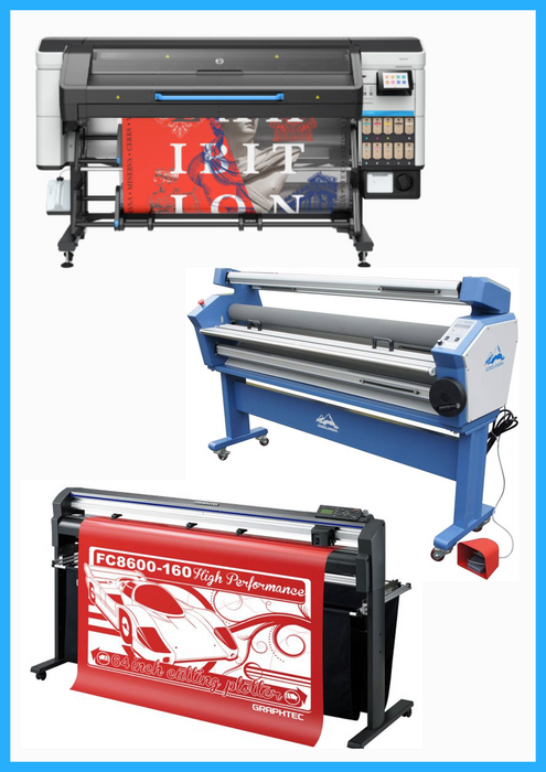 COMPLETE SOLUTION - HP Latex 730W 64" Wide Format Printer - New + 64" Graphtec FC8600-160 Vinyl Cutting Plotter - Refurbished (1 Year Warranty) + 63" Full-auto Low Temp. Wide Format Cold Laminator - New