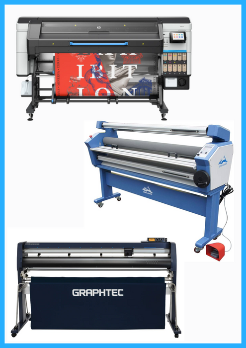 SOLUCIÓN COMPLETA - Impresora HP Latex 730W de 64" de formato ancho - Nueva + Cortadora Graphtec FC9000-160 de 64" de ancho - Nueva + Laminadora en frío de formato ancho totalmente automática de baja temperatura de 63" - Nueva