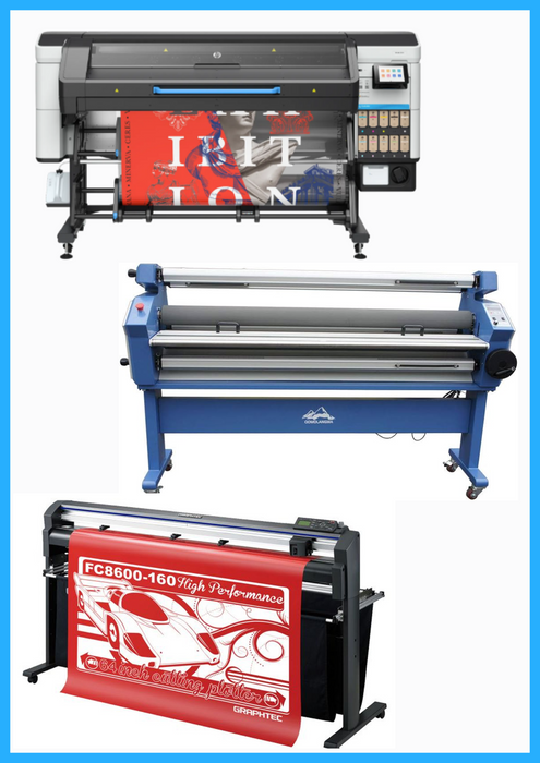COMPLETE SOLUTION - HP Latex 730W 64" Wide Format Printer - New + 64" Graphtec FC8600-160 Vinyl Cutting Plotter - Refurbished (1 Year Warranty) + 55" Full-Auto Wide Format Cold Laminator with Heat Assisted - New
