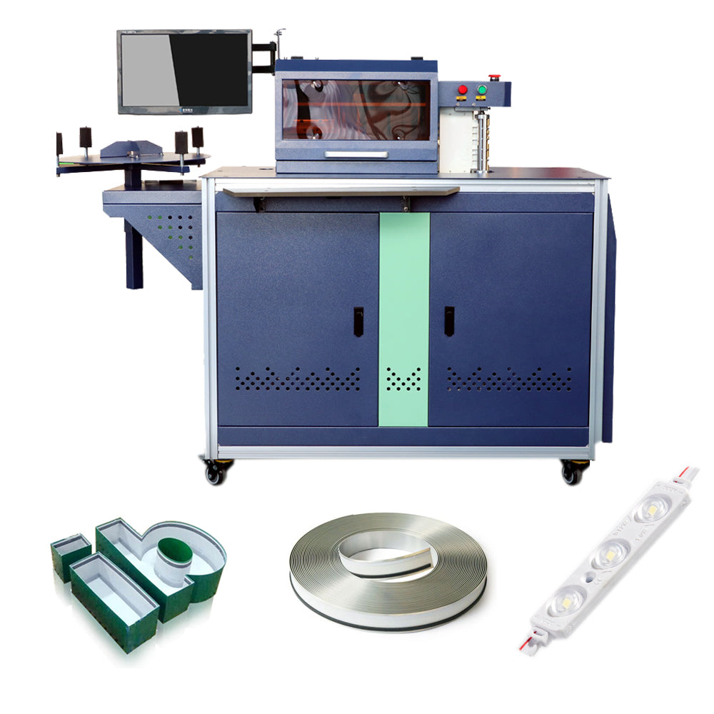 Dobladora automática de letras de canal CNC para aluminio + Tapa de aluminio de 110 mm (4,3") x 100 m (164 pies) con PC y espuma (blanco/negro) + Módulo LED (200 piezas)