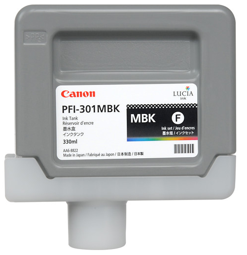 Depósito de tinta negra mate pigmentada Canon PFI-301MBK de 330 ml para iPF8000S e iPF9000S - 1485B001AA