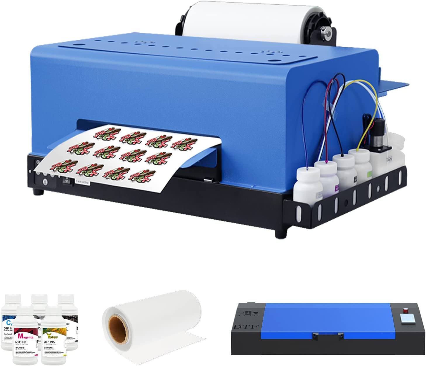 Impresora de transferencia DTF XP600 con alimentador de rollos, tamaño A3 para telas, camisetas, almohadas, cuero y prendas oscuras y claras (impresora DTF, horno, 5 cartuchos de tinta de 250 ml y rollo de PET)