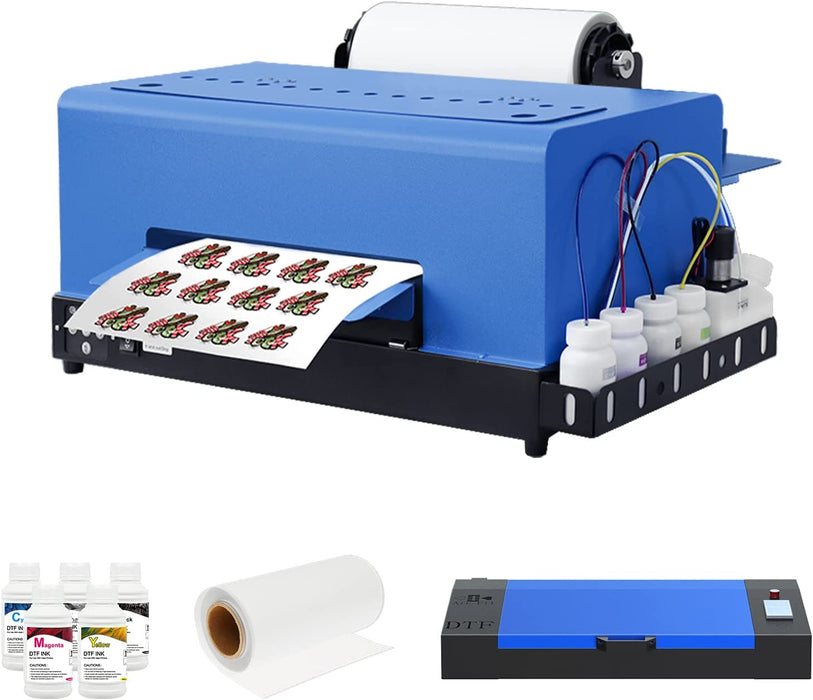 Impresora de transferencia DTF XP600 con alimentador de rollos, tamaño A3 para telas, camisetas, almohadas, cuero y prendas oscuras y claras (impresora DTF, horno, 5 cartuchos de tinta de 250 ml y rollo de PET)