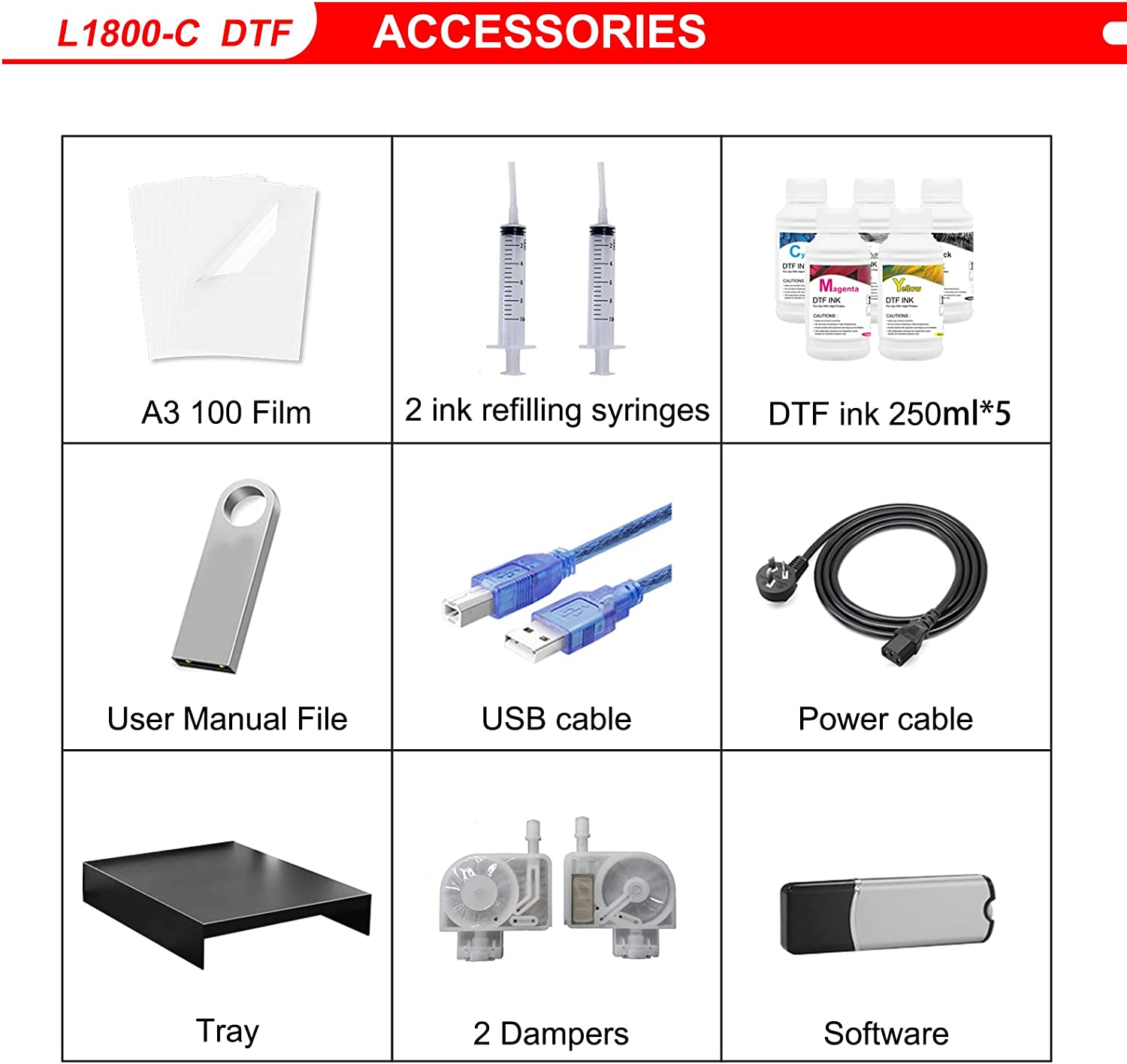 Impresora de transferencia DSV DTF A3 L1800 con sistema de circulación de tinta blanca integrado para camisetas oscuras/claras, sudaderas, almohadas y diferentes tejidos (impresora DTF + 5 cartuchos de tinta de 250 ml + 100 películas PET)