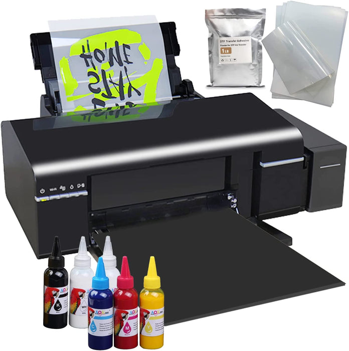 Impresora DTF A4 L805 para camisetas, telas, cuero, juguetes, trajes de baño, artesanías, camisetas, almohadas y otros textiles. (Impresora DTF + 6 tintas de 100 ml + 100 películas PET) - Negra