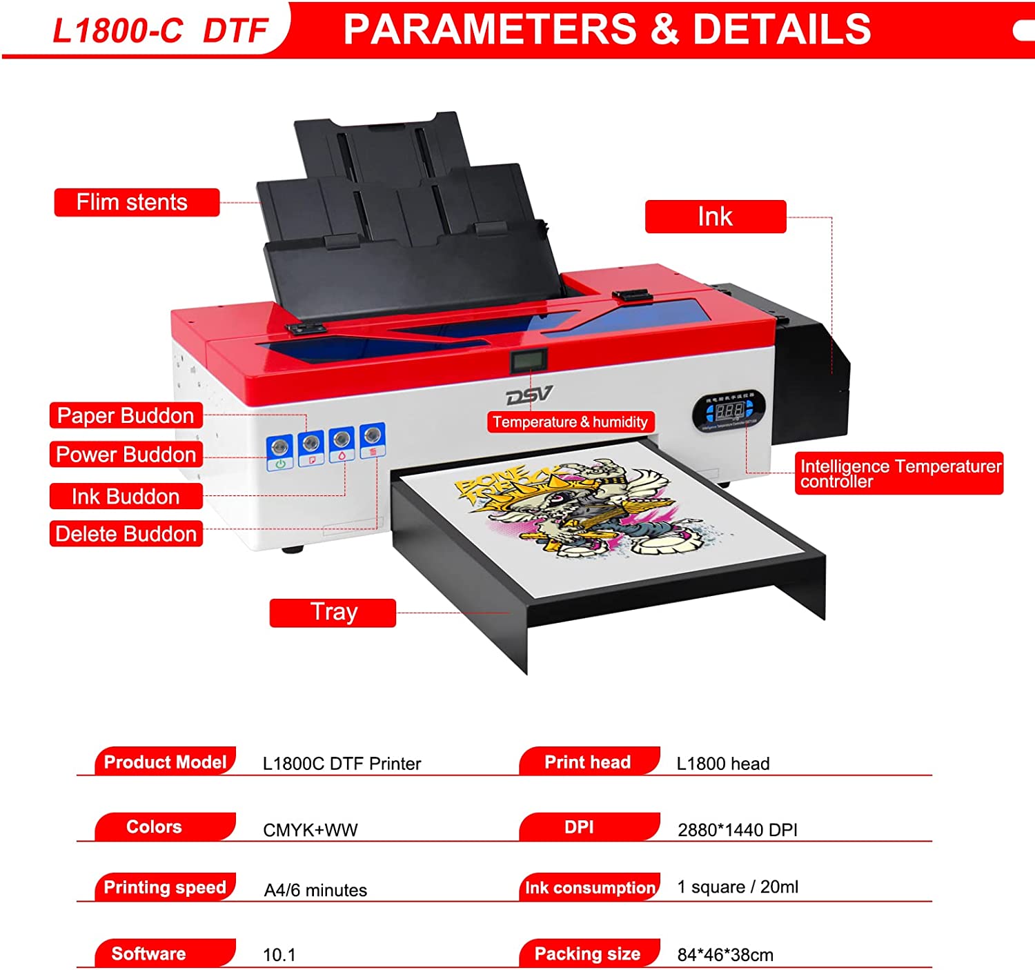 Impresora de transferencia DSV DTF A3 L1800 con sistema de circulación de tinta blanca integrado para camisetas oscuras/claras, sudaderas, almohadas y diferentes tejidos (impresora DTF + 5 cartuchos de tinta de 250 ml + 100 películas PET)