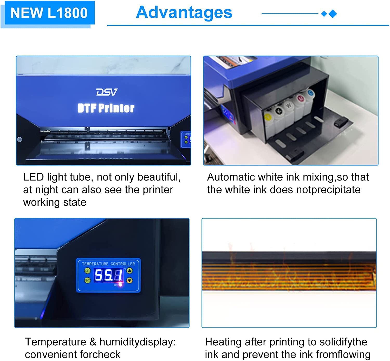 Impresora de transferencia DTF DSV L1800 con alimentador de rollo y sistema de circulación de tinta blanca integrado. Impresora DTF A3 para impresión DIY en telas oscuras y claras (impresora DTF + horno + 5 x 250 ml de tinta + película PET de 100 m).