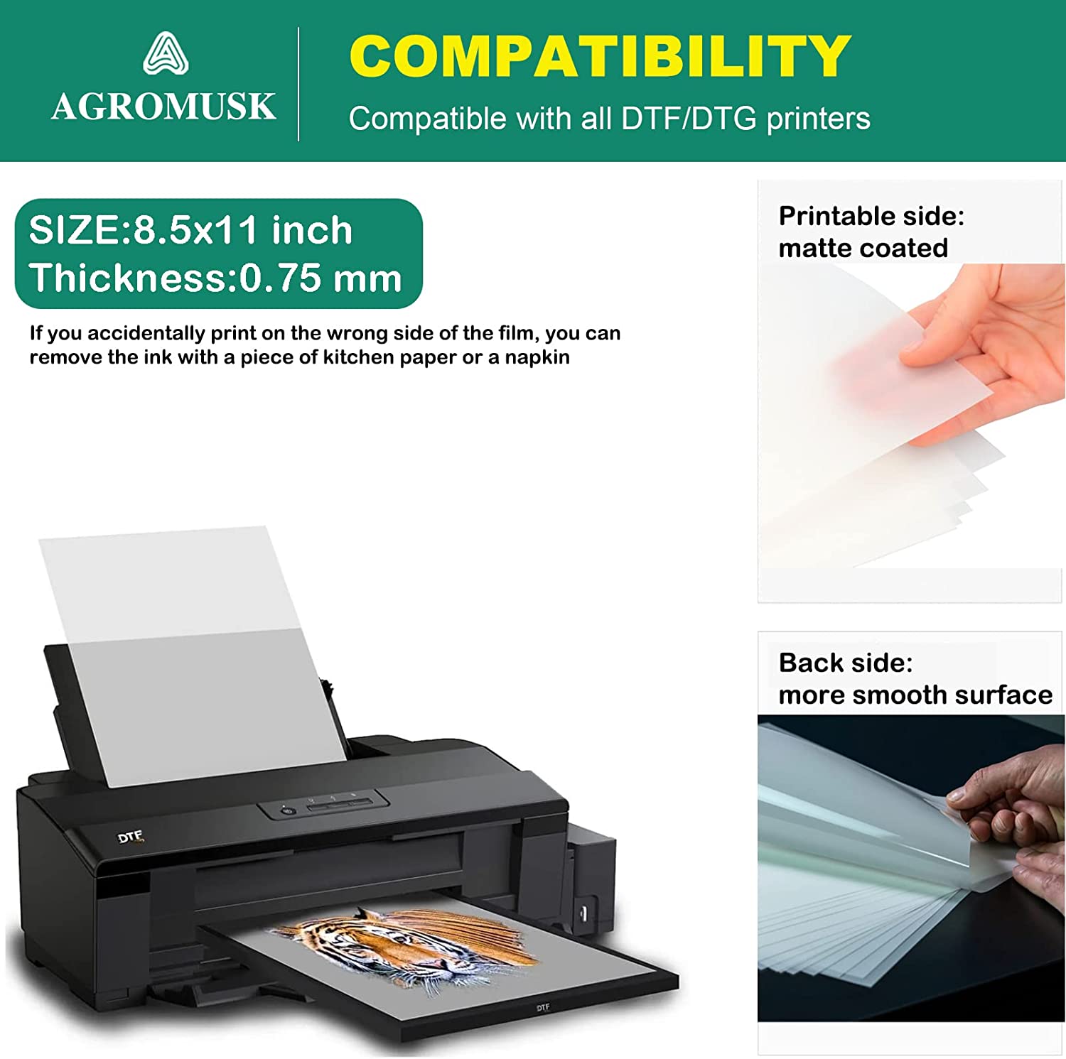 Película de transferencia DTF (8,3" x 11,7"), 50 hojas de PET, papel de transferencia térmica directa a película para todas las impresoras DTF y DTG, película DTF mate para sublimación, negro, blanco, claro, oscuro, tela, camisetas.
