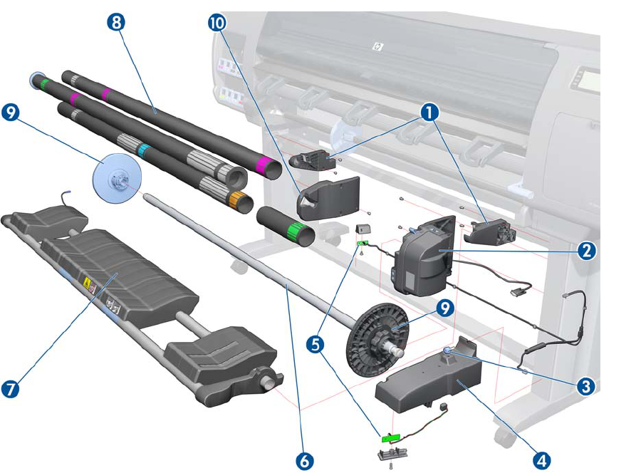 Ejes del carrete de recogida - Para las series HP DesignJet D5800, L25500, L26500, Z6100, Z6200, Z6600, Z6610, Z6800 y Z6810 (Q6706-60901)