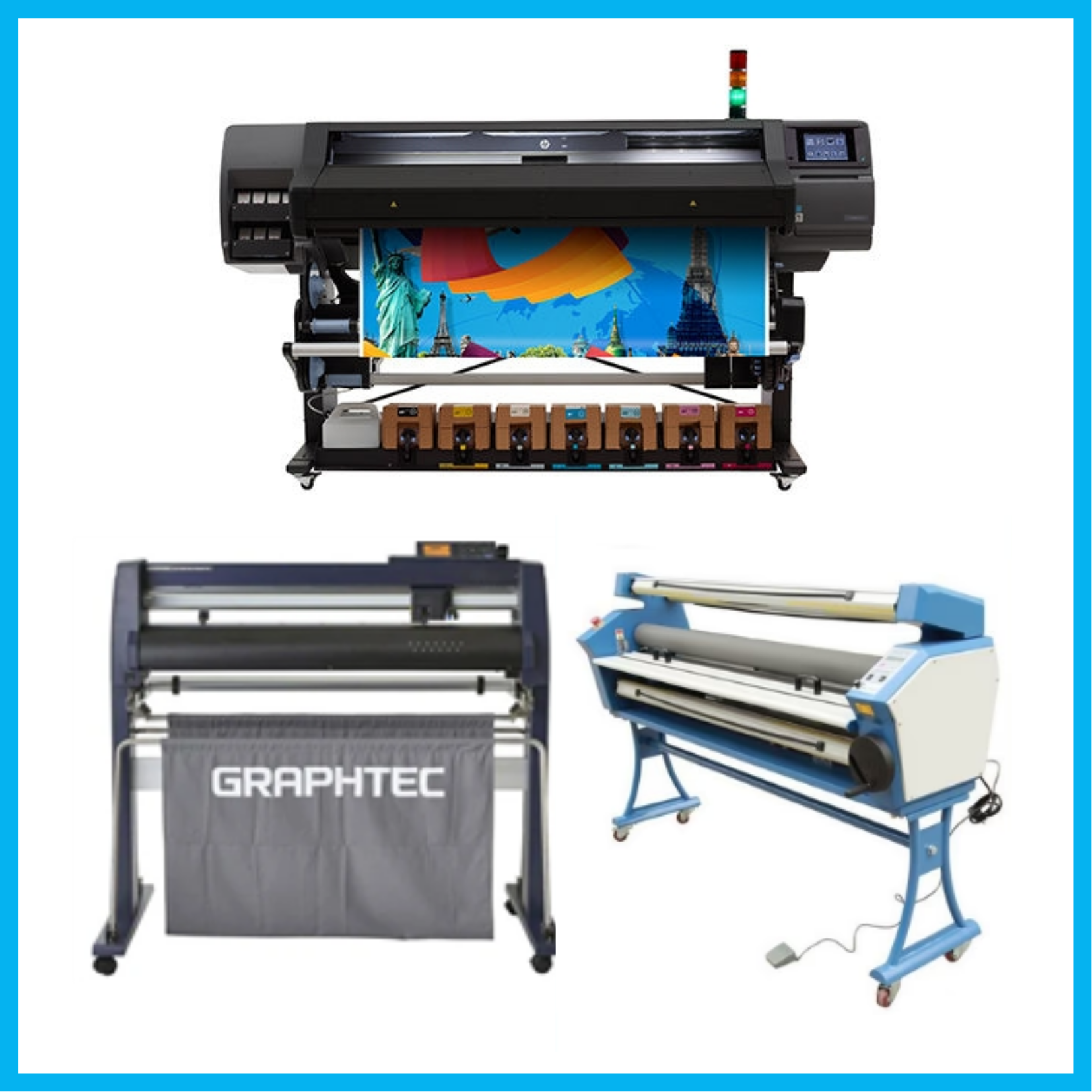 ON SALE - COMPLETE SOLUTION - HP Latex 570 64" Printer - Refurbished (90 Days, 1, 2, 3 or 4 Years Warranty) + Graphtec FC9000-160 64" (162.6 cm) Wide Cutter - New + Upgraded Ving 63" Full-auto Low Temp. Wide Format Cold Laminator, with Heat Assisted - New