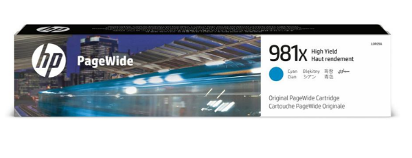 Cartucho de tinta cian original PageWide HP 981X de alto rendimiento para impresoras multifunción HP PageWide Enterprise Color Flow 586z y HP PageWide Enterprise Color MFP 586f, 586dn, 556xh, 556dn - L0R09A