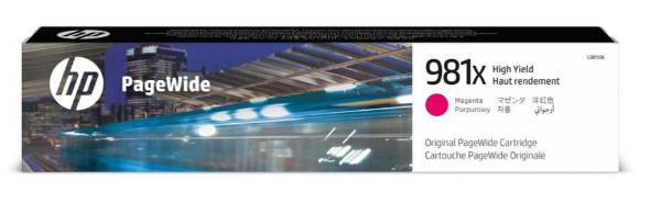 Cartucho de tinta magenta original PageWide HP 981X de alto rendimiento para impresoras multifunción HP PageWide Enterprise Color Flow 586z y HP PageWide Enterprise Color MFP 586f, 586dn, 556xh, 556dn - L0R10A