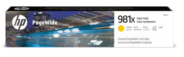 Cartucho de tinta original PageWide HP 981X de alto rendimiento amarillo para impresoras multifunción HP PageWide Enterprise Color Flow 586z y HP PageWide Enterprise Color MFP 586f, 586dn, 556xh, 556dn - L0R11A