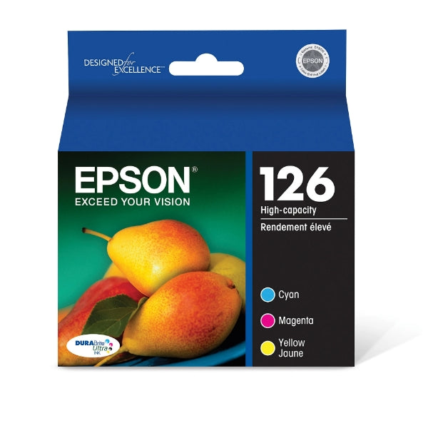 Cartuchos de tinta de color Epson 126 DURABrite de ultra alta capacidad (C/M/Y) (paquete de 3) para WorkForce 60, 435, 520, 545, 630, 633, 635, 645, 840, 845, WF-3520, WF-3540, WF-7010, WF-7510, WF-7520 y Stylus NX330 y NX430 - T126520-S