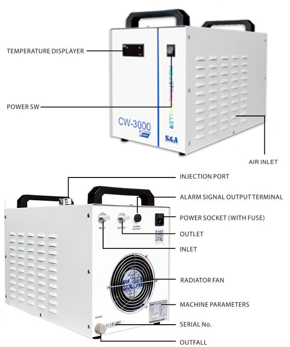 Enfriador de agua industrial por termólisis S&amp;A 3000TG para tubos de vidrio de CO2 de máquinas de grabado, CA 1P 220-240 V, 50 Hz