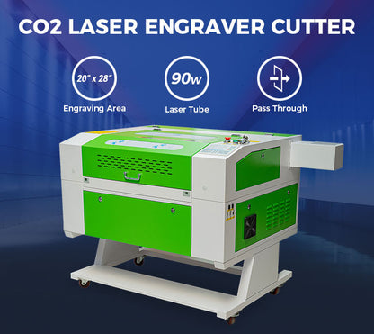 Grabadora y cortadora láser de CO2 CALCA RECI de 90 W y 20&quot; x 28&quot;, con plataforma elevadora eléctrica, enfriador de agua industrial y sistema rotatorio.