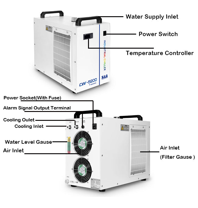 Enfriador de agua industrial S&amp;A 5200DH para grabador de CO2 de 130 W o husillo CNC, refrigeración por agua, CA 1P 110 V 60 Hz