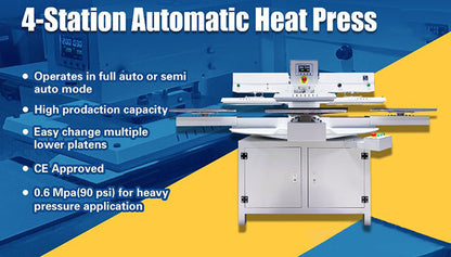 Prensa térmica automática de 4 estaciones, 220 V, 7,5 kW, 34 A, 16&quot; x 20&quot;