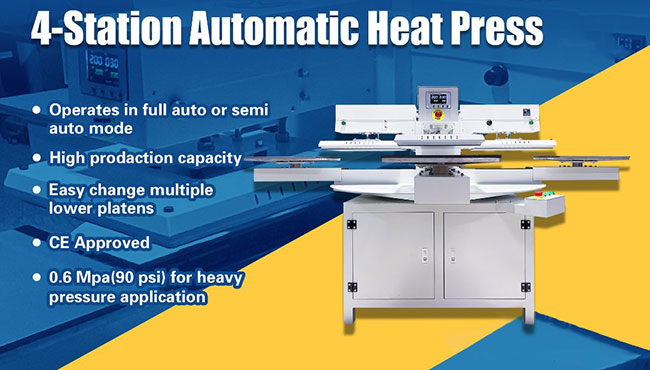 Prensa térmica automática de 4 estaciones, 220 V, 7,5 kW, 34 A, 16" x 20"