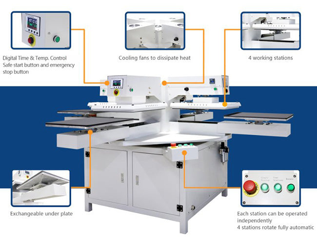 Prensa térmica automática de 4 estaciones, 220 V, 7,5 kW, 34 A, 16" x 20"