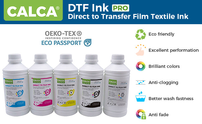 Tinta de transferencia directa CALCA PRO para cabezales de impresión Epson. Botella de 1 l (32 oz) de tintas DTF a base de agua.