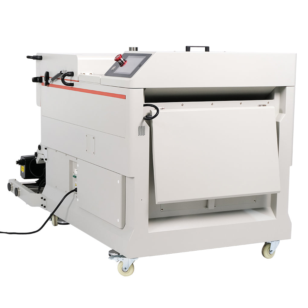 Secador y agitador automático de polvo DTF CALCA PRO de 24 pulgadas con plataforma de transporte por absorción al vacío y pantalla táctil.