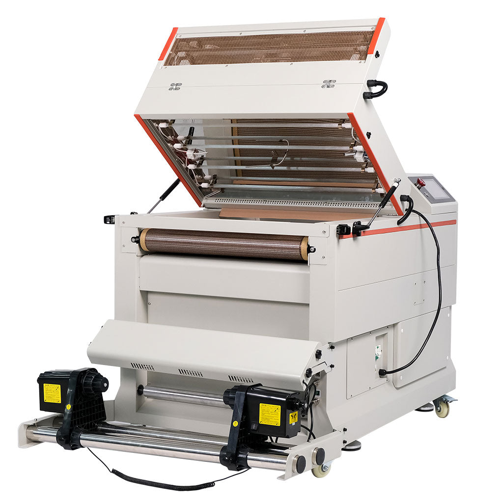 Secador y agitador automático de polvo DTF CALCA PRO de 24 pulgadas con plataforma de transporte por absorción al vacío y pantalla táctil.