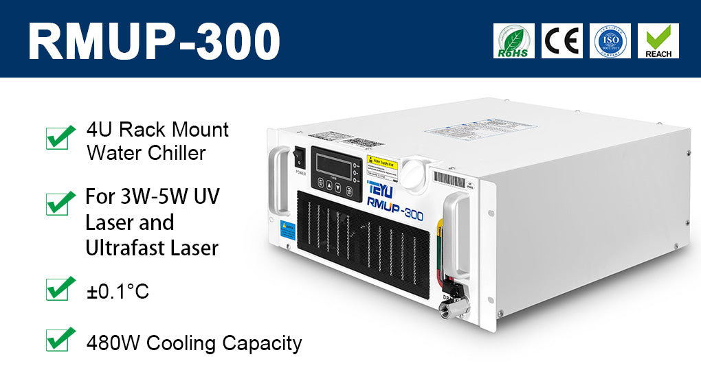 Enfriador de agua RMUP-300BH para montaje en rack de 4U para láser UV de 3 W a 5 W. Láser ultrarrápido.
