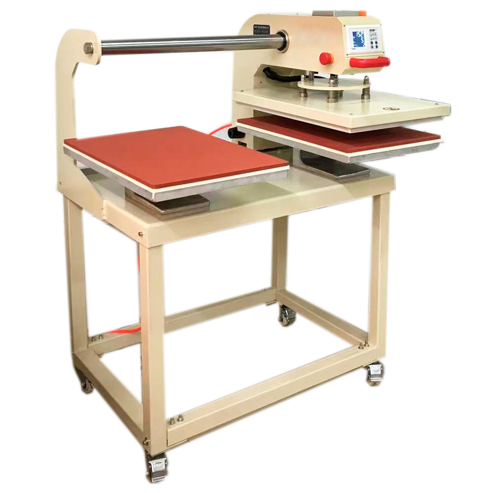 Prensa térmica neumática semiautomática de doble estación con deslizamiento ascendente de 16 x 24 pulgadas y sistema de posicionamiento láser