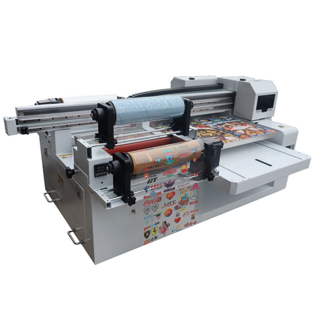 6090 UV Flatbed Printer and 12Inch UVDTF Desktop Direct to Substrate Roll Printer Combo, All-in-One Hybrid Printer for AB Film, Acrylic, Metal, Glass, Wood, Cell Phone Case