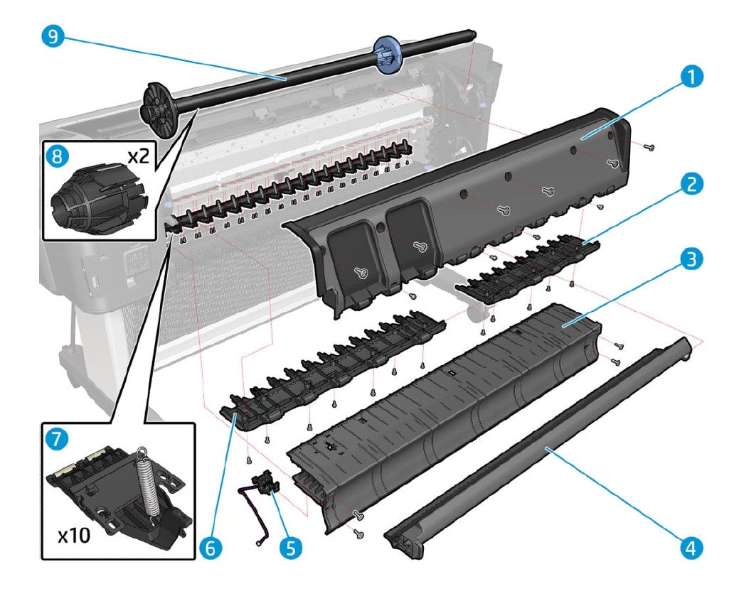 Conjunto de guía de rodillo lateral derecho - Para las series HP Designjet T1200, T770, T620, T1120, T2300, T7100, Z5200, Z3100, Z3200, Z2100, Z6, Z9 (Q6675-60044)