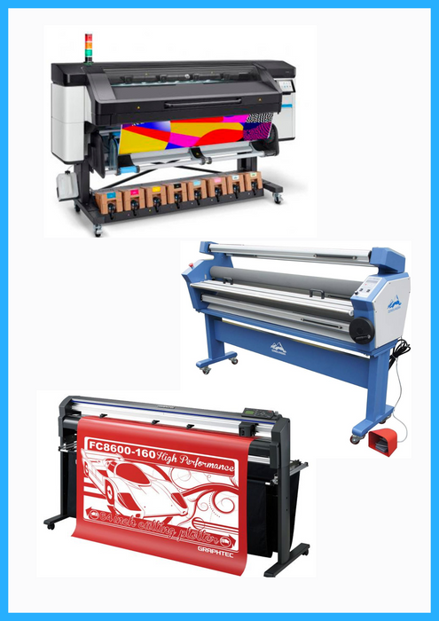 COMPLETE SOLUTION - HP Latex 800 64" Wide Format Printer - Refurbished (1 Year Warranty) + 64" Graphtec FC8600-160 Vinyl Cutting Plotter - Refurbished (1 Year Warranty) + 63" Full-auto Low Temp. Wide Format Cold Laminator - New