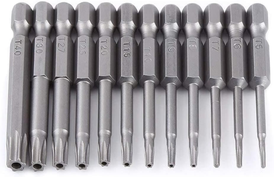 Juego de destornilladores Torx: destornillador hexagonal con 12 puntas Torx y punta de estrella para taladro de impacto. Juegos de cabezales de torsión. Puntas de tornillo de las series T5, T6, T7, T8, T9, T10, T15, T20, T25, T27, T30 y T40.