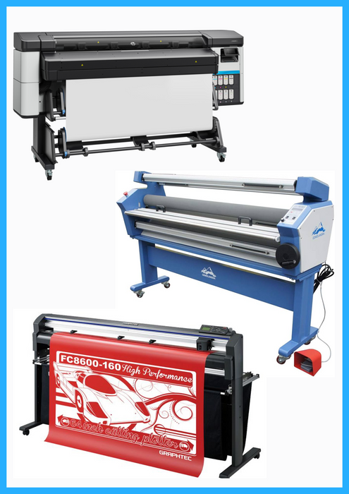 COMPLETE SOLUTION - HP Latex 630 64" Printer - New + 64" Graphtec FC8600-160 High Performance Vinyl Cutting Plotter - Refurbished (1 Year Warranty) + 55" Full-Auto Wide Format Cold Laminator with Heat Assisted - New