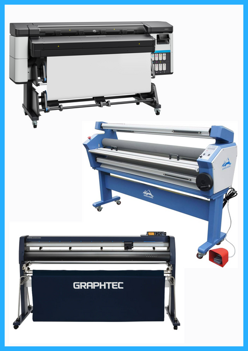 SOLUCIÓN COMPLETA - Impresora HP Latex 630 de 64" - Nueva + Cortadora de papel ancho Graphtec FC9000-160 de 64" - Reacondicionada (1 año de garantía) + Laminadora en frío de formato ancho totalmente automática de 55" con asistencia térmica - Nueva 