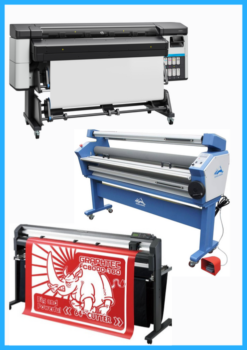 SOLUCIÓN COMPLETA - Impresora HP Latex 630 de 64" - Nueva + Plotter de corte de vinilo Graphtec FC8000-160 de 64" - Reacondicionado (1 año de garantía) + Laminadora en frío de formato ancho totalmente automática de 55" con asistencia térmica - Nueva 