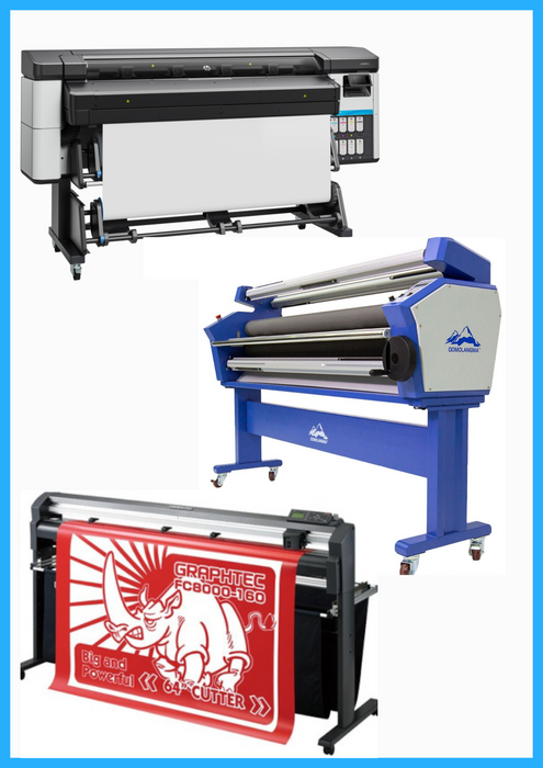 COMPLETE SOLUTION - HP Latex 630 64" Printer - New + 64" Graphtec FC8000-160 Vinyl Cutting Plotter - Refurbished (1 Year Warranty) + 63" Full-auto Low Temp. Wide Format Cold Laminator, with Heat Assisted - New