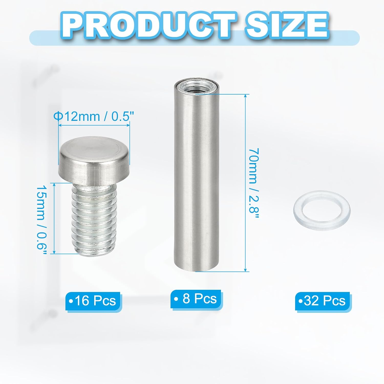 Wall Mount Acrylic Double Head Standoff Screws - 8pcs (1/2" x 2.8")