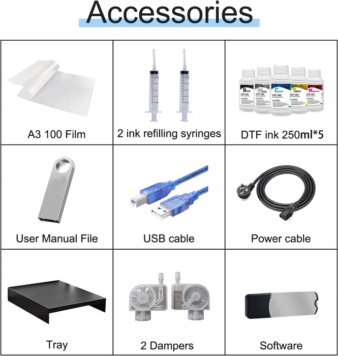 Impresora DTF A3, L1800, impresora de transferencia de camisetas con tinta blanca circulante para impresión directa de camisetas, sudaderas y telas (impresora DTF + horno + 5 unidades de 250 ml)