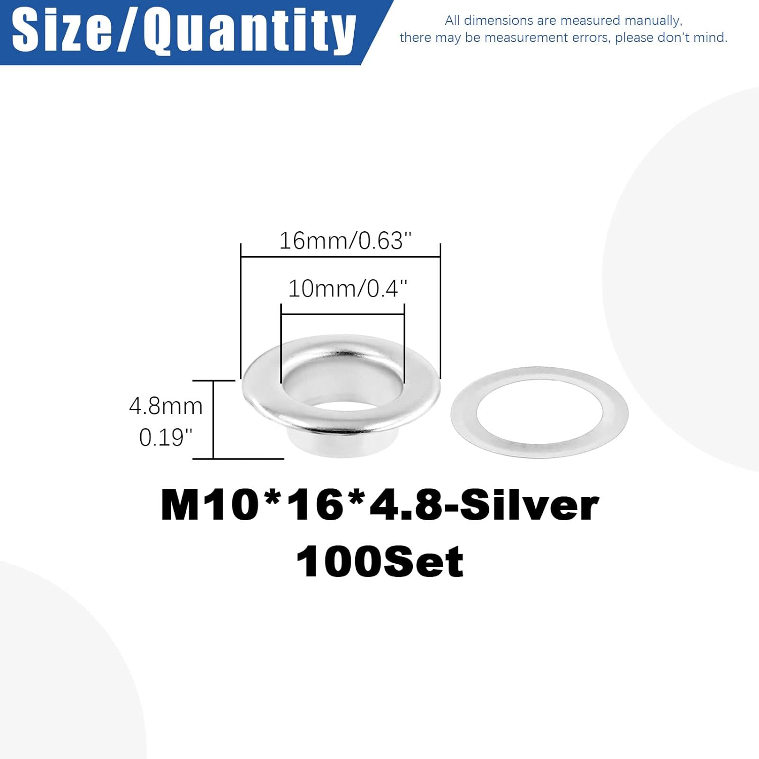 Silver Metal Thickened Grommet Single Eyelet (10mm - 100Pcs) with Washers Kit for Fabric, Canvas, Curtain, Clothing, Leather Repair