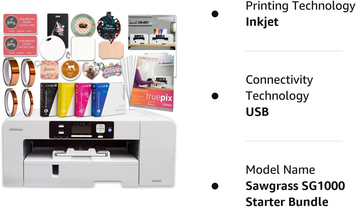 Impresora de sublimación Sawgrass UHD Virtuoso SG1000 (paquete básico) con tintas, papel de sublimación, cinta, plantillas, diseños y acceso a contenido exclusivo, color blanco, 11'' x 17''