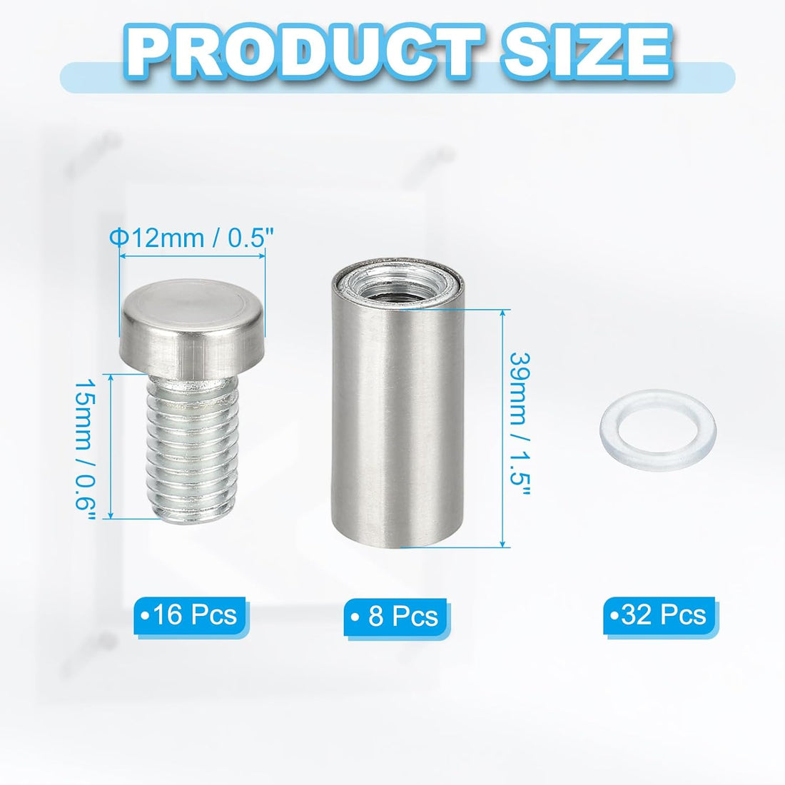 Wall Mount Acrylic Double Head Standoff Screws - 8pcs (1/2" x 1.2")