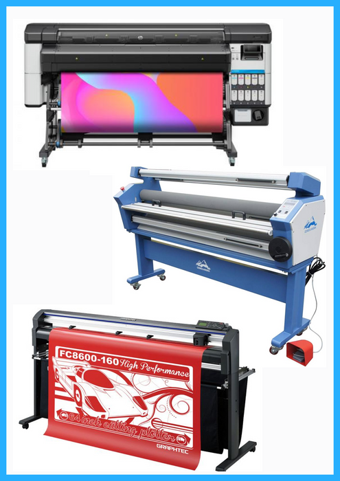 COMPLETE SOLUTION - HP Latex 630 W 64" Printer - New + 64" Graphtec FC8600-160 High Performance Vinyl Cutting Plotter - Refurbished (1 Year Warranty) + 55" Full-Auto Wide Format Cold Laminator with Heat Assisted - New
