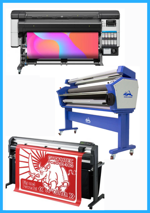 COMPLETE SOLUTION - HP Latex 630 W 64" Printer  - New + 64" Graphtec FC8000-160 Vinyl Cutting Plotter - Refurbished (1 Year Warranty) + 63" Full-auto Low Temp. Wide Format Cold Laminator, with Heat Assisted - New