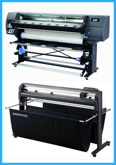 PAQUETE - Impresora HP Latex 335 de gran formato de 64" - Reacondicionada (90 días, 1, 2, 3 o 4 años de garantía) + Plotter de corte de vinilo Graphtec FC8000-130 de 54" - Reacondicionado (90 días de garantía) 