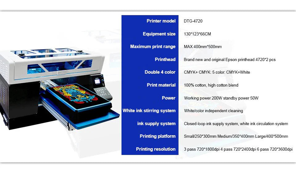 Impresora plana automática para camisetas tamaño A3+, impresora DTG de alta velocidad, impresión en colores claros y oscuros. 