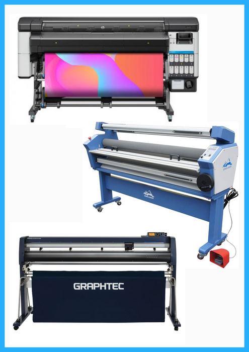 SOLUCIÓN COMPLETA - Impresora HP Latex 630 W de 64" - Nueva + Cortadora de papel ancho Graphtec FC9000-160 de 64" - Reacondicionada (1 año de garantía) + Laminadora en frío de formato ancho totalmente automática de 55" con asistencia térmica - Nueva