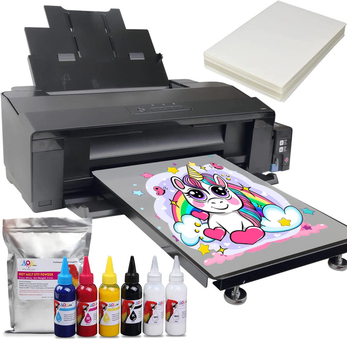 Impresora DTF de 13 pulgadas y ancho A3+, máquina de transferencia directa con película L1800, ideal para imprimir camisetas, sudaderas, fundas de almohada, etc. (6 tintas de 100 ml + 100 películas PET + polvo)