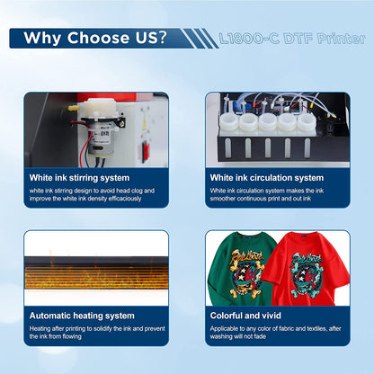 Impresora de transferencia DSV DTF A3 L1800 con sistema de circulación de tinta blanca integrado para impresión DIY en telas oscuras y claras (impresora DTF + horno) 